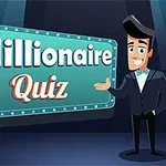 Personaj animat elegant prezentând un panou luminos cu textul Millionaire Quiz