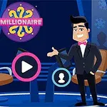 Personaj animat într-un studio de televiziune, lângă două scaune și un buton de redare