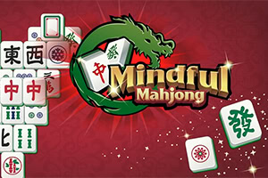 Piese de Mahjong pe un fundal roșu cu un dragon verde și textul Mindful Mahjong
