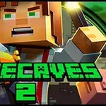 Personaj în stil pixelat ține în mână un obiect luminos, pe un fundal cu aspect de blocuri, cu textul MINECAVES 2 în prim-plan
