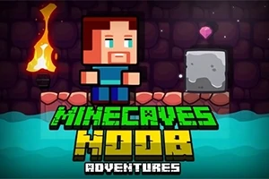 Personaj pixelat într-o peșteră cu o torță și un diamant, deasupra textului MINECAVES NOOB ADVENTURES