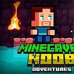 Personaj pixelat într-o peșteră cu o torță și un diamant, deasupra textului MINECAVES NOOB ADVENTURES