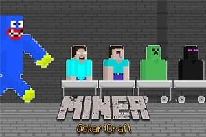 Personaje pixelate așezate pe cărucioare lângă un personaj albastru zâmbitor pe un fundal de cărămidă, cu textul MINER GokartCraft dedesubt