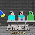 Personaje pixelate așezate pe cărucioare lângă un personaj albastru zâmbitor pe un fundal de cărămidă, cu textul MINER GokartCraft dedesubt