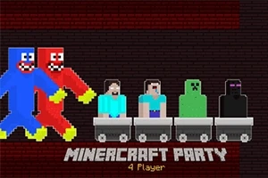 Personaje pixelate colorate în vagoane de mină, pe un fundal întunecat, cu textul Minercraft Party 4 Player dedesubt