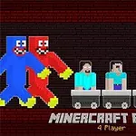 Personaje pixelate colorate în vagoane de mină, pe un fundal întunecat, cu textul Minercraft Party 4 Player dedesubt
