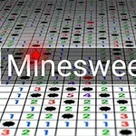 O grilă plină cu numere colorate și puncte negre, având un efect luminos roșu pe un pătrat și cuvântul Minesweeper scris pe deasupra