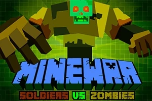 Un zombi stilizat, pixelat, cu fața verde și ochi roșii, alături de titlul „MINEWAR” și textul „SOLDIERS VS ZOMBIES”