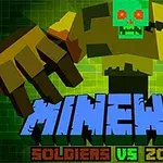 Un zombi stilizat, pixelat, cu fața verde și ochi roșii, alături de titlul „MINEWAR” și textul „SOLDIERS VS ZOMBIES”