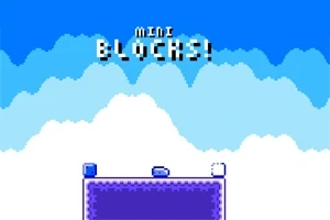 Cer albastru cu nori și o platformă mov cu cuvintele „Mini Blocks” deasupra
