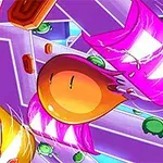 Personaj animat portocaliu într-un labirint vibrant plin de obstacole colorate și forme geometrice