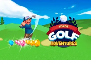 Un personaj animat joacă mini-golf pe un teren verde, cu pietre prețioase colorate și un logo colorat care conține textul mini Golf Adventures