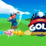 Un personaj animat joacă mini-golf pe un teren verde, cu pietre prețioase colorate și un logo colorat care conține textul mini Golf Adventures
