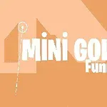 Text alb Mini Golf Funny pe un fundal portocaliu deschis, cu linii drepte și un cerc mic în stânga