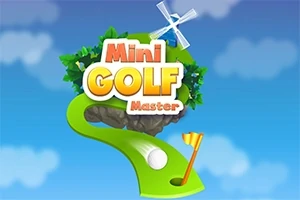 Fundal albastru cu cer înnorat, text Mini Golf Master deasupra unei bile de golf pe o pistă verde și un steguleț galben