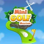 Fundal albastru cu cer înnorat, text Mini Golf Master deasupra unei bile de golf pe o pistă verde și un steguleț galben