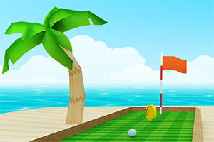 Un teren de golf pe o plajă, cu un palmier în stânga și o gaură cu steguleț roșu în dreapta