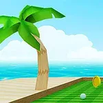 Un teren de golf pe o plajă, cu un palmier în stânga și o gaură cu steguleț roșu în dreapta