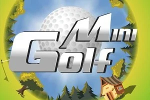 Textul Mini Golf este suprapus peste o minge de golf, cu un fundal de pădure și cer