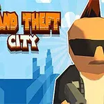 Personaj stilizat cu ochelari de soare și creastă, ținând o armă, pe un fundal urban pixelat, cu text stilizat în partea stângă sus