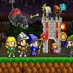 Personaje pixelate de fantezie stau în fața unui turn în timp ce un dragon zboară deasupra și un păianjen se apropie din stânga
