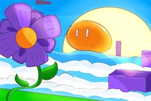 Floare mov și galbenă pe câmpie, cu un cer albastru și norii albi, având un soare stilizat în fundal