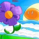 Floare mov și galbenă pe câmpie, cu un cer albastru și norii albi, având un soare stilizat în fundal