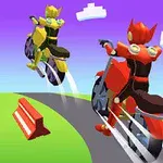 Două personaje futuriste merg pe motociclete colorate pe un drum curbat, cu un fundal cer albastru și nori stilizați