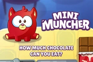 Un personaj animat roșu cu ochi mari și un pachet de ciocolată în colțul imaginii, cu textul MINI MUNCHER și HOW MUCH CHOCOLATE CAN YOU EAT?