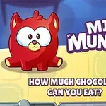 Un personaj animat roșu cu ochi mari și un pachet de ciocolată în colțul imaginii, cu textul MINI MUNCHER și HOW MUCH CHOCOLATE CAN YOU EAT?