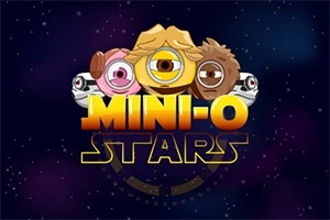 Trei personaje ciclop colorate și textul Mini-O Stars pe un fundal cosmic