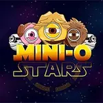 Trei personaje ciclop colorate și textul Mini-O Stars pe un fundal cosmic