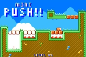 Nivel pixelat cu platforme verzi, blocuri maro și numele Mini Push!