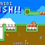 Nivel pixelat cu platforme verzi, blocuri maro și numele Mini Push!