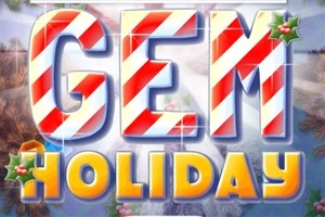 Textul GEM HOLIDAY este scris cu litere colorate, decorate cu dungi de bastonașe de zahăr și frunze de vâsc