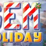 Textul GEM HOLIDAY este scris cu litere colorate, decorate cu dungi de bastonașe de zahăr și frunze de vâsc