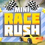 Siglă colorată cu textul Mini Race Rush, stele galbene, un automobil galben și steaguri în carouri alb-negru