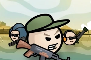 Trei personaje animate cu arme se pregătesc de acțiune, unul purtând o șapcă verde și altul căști cu microfon, pe un fundal verde cu garduri