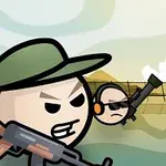 Trei personaje animate cu arme se pregătesc de acțiune, unul purtând o șapcă verde și altul căști cu microfon, pe un fundal verde cu garduri
