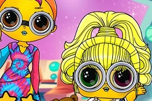 Două personaje animate cu ochi mari și rotunzi, una având păr blond prins în sus și cealaltă păr portocaliu și purtând o rochie multicoloră, într-o cameră colorată