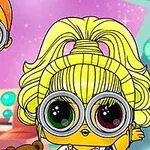 Două personaje animate cu ochi mari și rotunzi, una având păr blond prins în sus și cealaltă păr portocaliu și purtând o rochie multicoloră, într-o cameră colorată