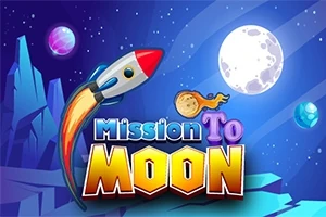 Rachetă colorată zburând spre lună într-un peisaj spațial cu planete și stele, având textul „Mission To Moon” în prim-plan