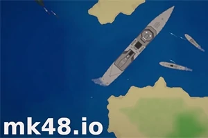 Vedere de sus a unor nave pe un fundal de ocean, cu insule, textul „mk48