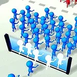 Un grup de personaje albastre și roșii stilizate se confruntă pe un teren, separate de o barieră transparentă