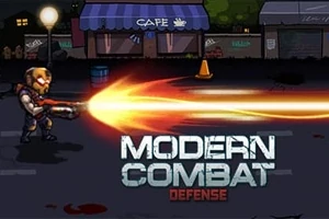 Un soldat în armură trage cu o armă puternică pe o stradă întunecată, având în fundal un magazin cu copertină albastră și un semn luminos, alături de textul Modern Combat Defense