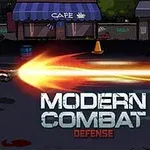 Un soldat în armură trage cu o armă puternică pe o stradă întunecată, având în fundal un magazin cu copertină albastră și un semn luminos, alături de textul Modern Combat Defense