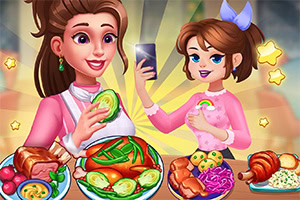 Două personaje animate pregătesc și pozează cu diverse preparate culinare pe o masă plină de mâncare
