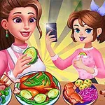 Două personaje animate pregătesc și pozează cu diverse preparate culinare pe o masă plină de mâncare
