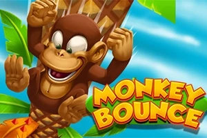 O maimuță animată veselă se cațără pe un trunchi de copac, înconjurată de frunze verzi, având textul Monkey Bounce în colț