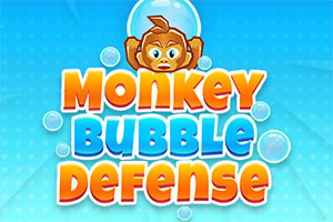 Text colorat „Monkey Bubble Defense” cu un desen al unei maimuțe înconjurată de bule pe un fundal albastru